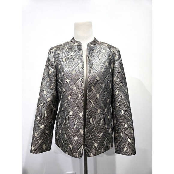 Kasper Blazer Jacket 6P Metallic Jacquard Silver Gold Long Sleeves Open‎ Front - Picture 1 of 8